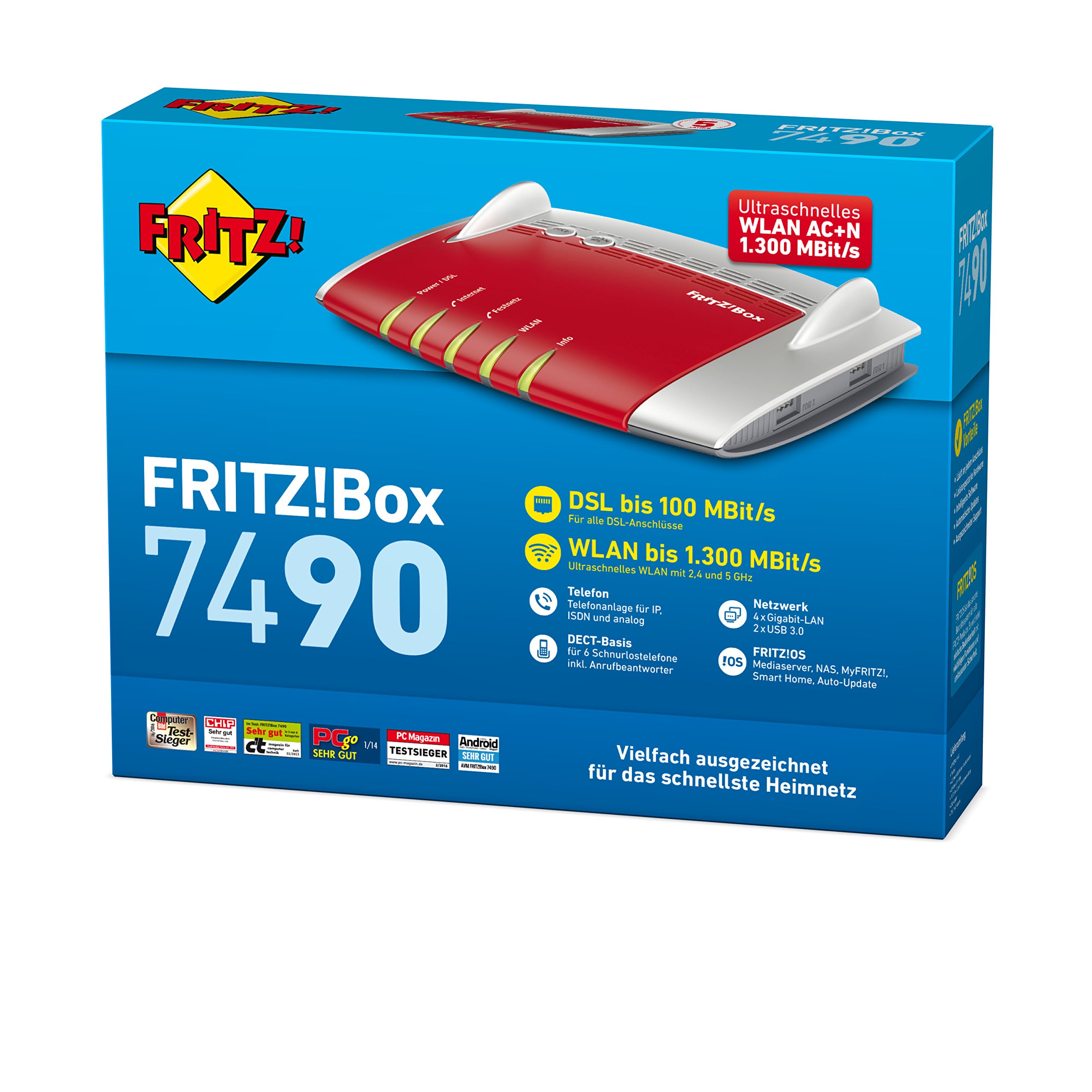 AVM FRITZ!Box 7490 WLAN AC + N Router (VDSL/ADSL, 1.300 Mbit/s (5 GHz), 450 Mbit/s (2,4 GHz), DECT-Basis, Media Server) (Generalüberholt) 3