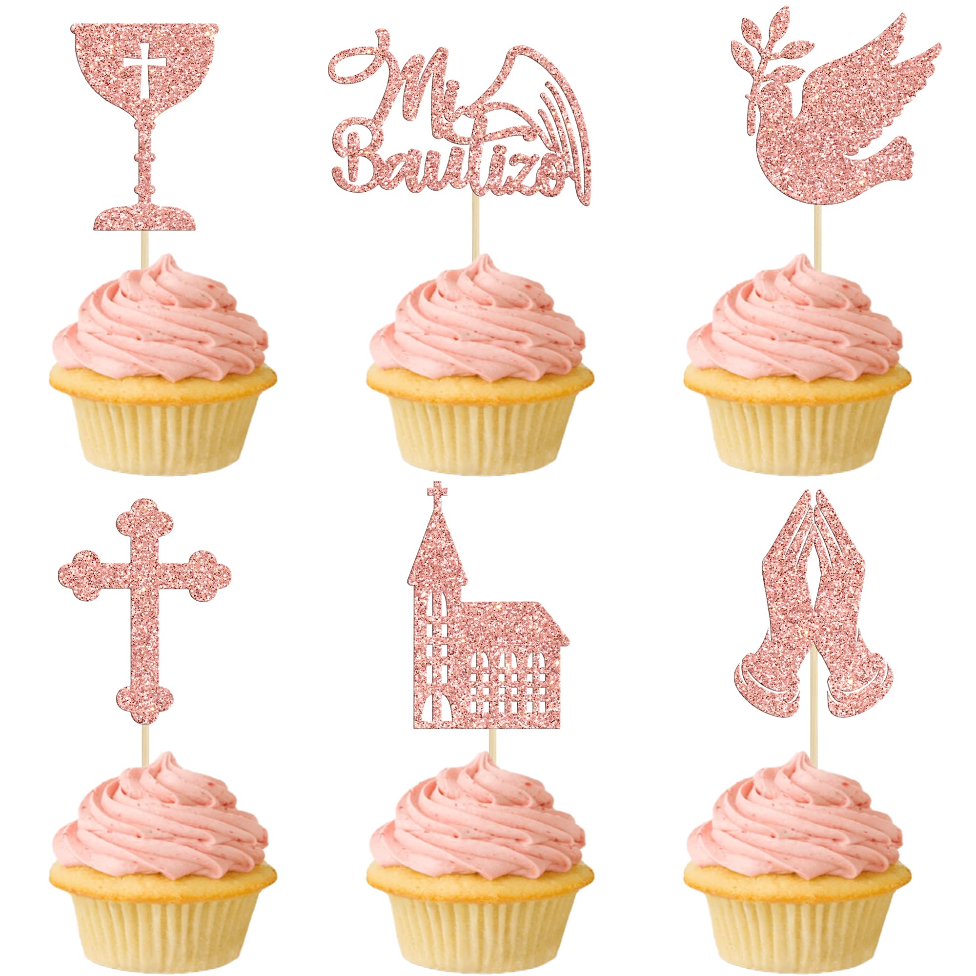 Gyufise 24 Pack Rose Gold Spanish Mi Bautizo Cupcake Toppers Cross Angel Dove Church Baptism Cupcake Picks Decorations for Religious God Bless Theme Baby Shower Kids Birthday Christmas Party Supplies