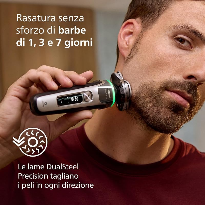Shaver i9000 Prestige, rasoio elettrico Wet & Dry, con tecnologia Skin IQ, triplo sistema di sollevamento e taglio, doppie lame rotanti in acciaio di precisione a 360°, modello XP9205/30