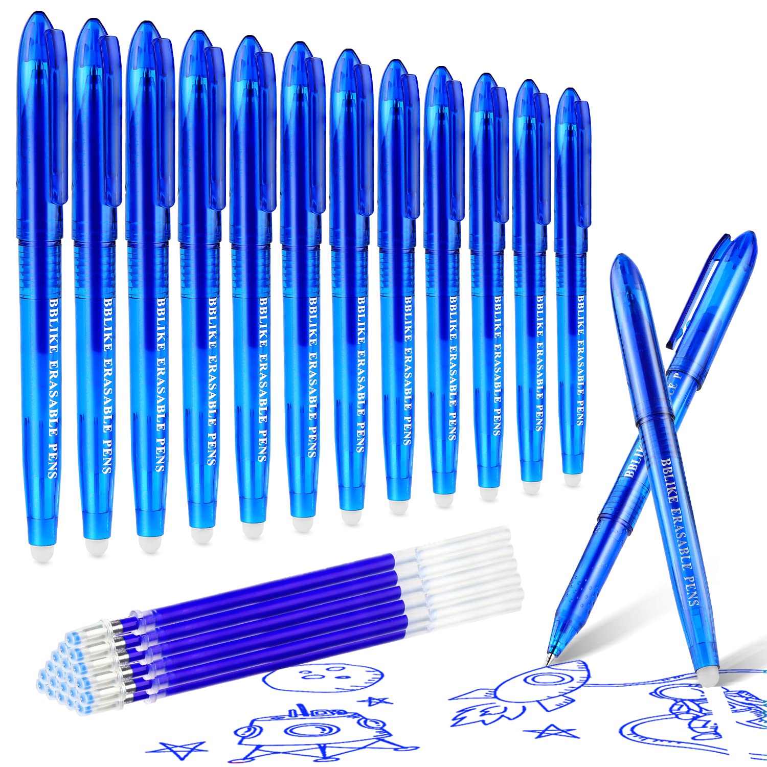 BBLIKE Erasable Pens - 12 Pcs Blue Rub Out Pens and 20 Refills, 0.7mm Rubber Rollerball Pens, Pen with Eraser on the End, Handwriting Writing Pens for Adults Kids School Office Stationary