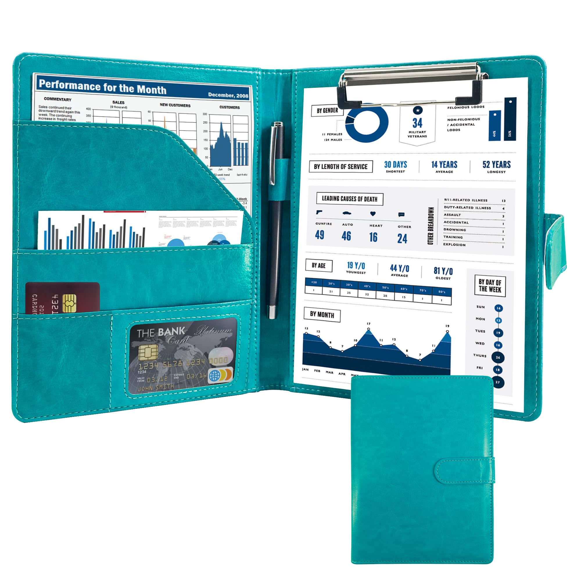 GraduatePro Clipboard Folder A5 with Storage Leather Document Folder Waterproof Magnetic Conference Presenter Business Organizer Turquoise