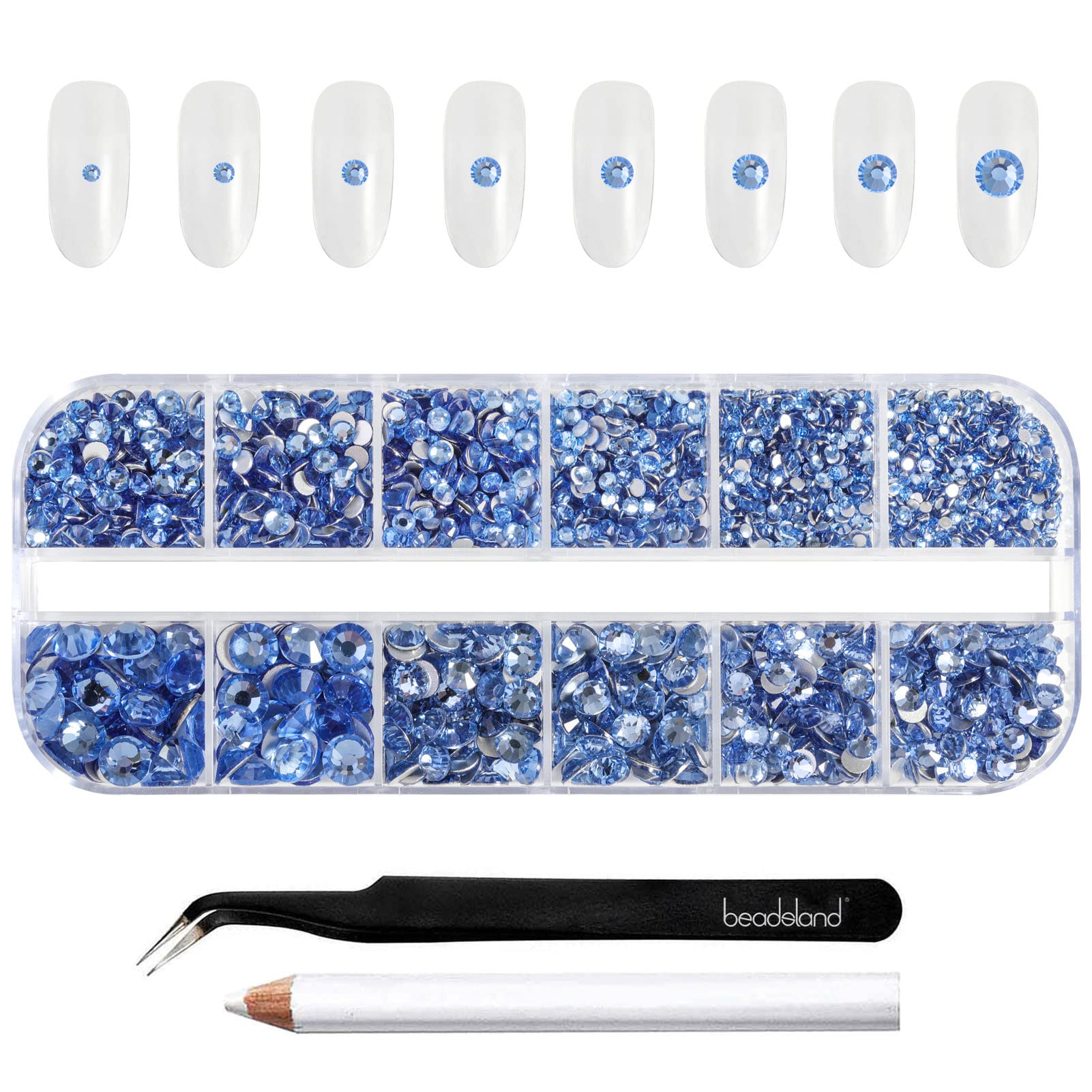 Beadsland Rhinestones for Makeup,8 Sizes 2500pcs Light Blue Flatback Rhinestones Eye Gems for Nails Crafts with Tweezers and Wax Pencil,Light Sapphire,SS4-SS30 — image 1