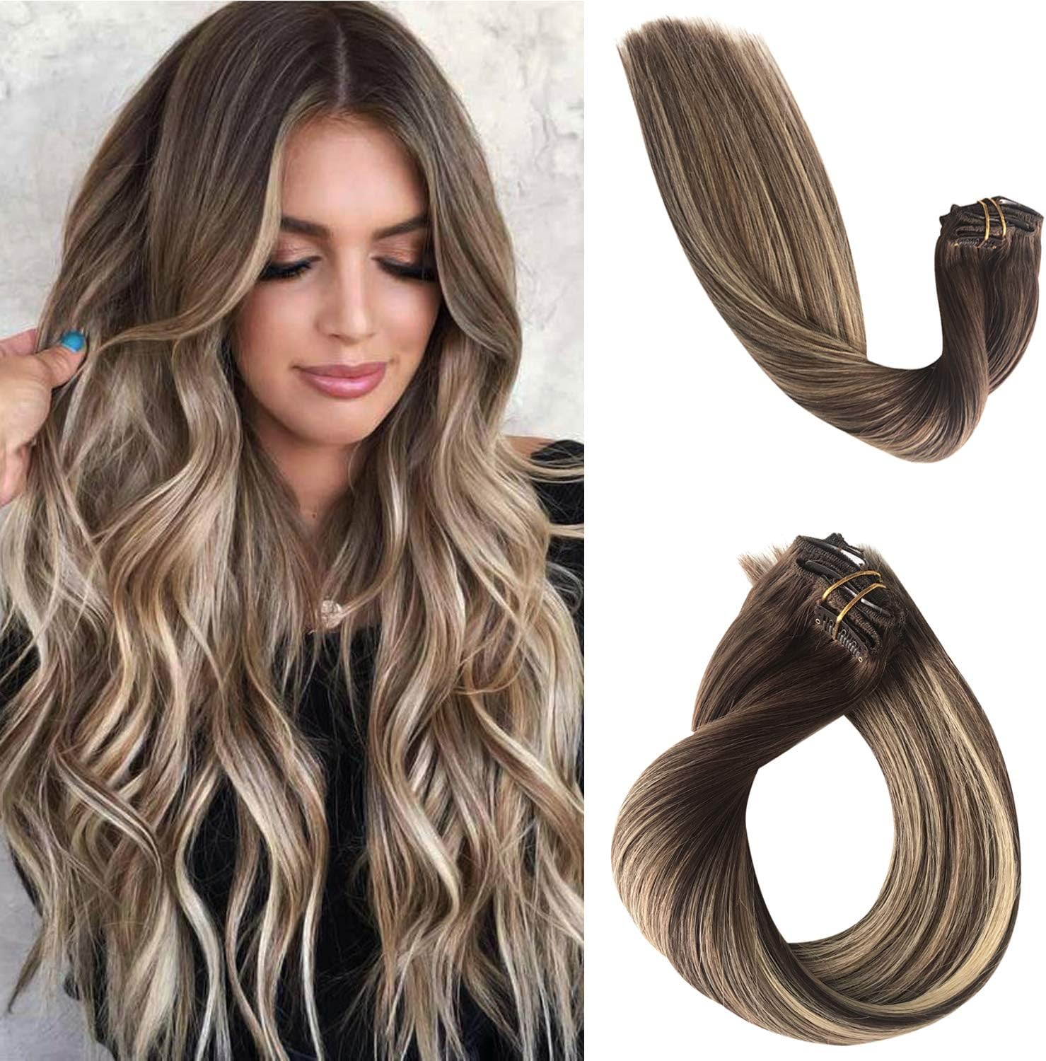Clip in Human Hair Extensions Balayage Real Remy Hair Extensions Clip on Double Weft Medium Brown with Honey Blonde Highlights Brazilian Virgin Hair Silky Straight Full End 120g 7pcs 17 Clips 16 Inch