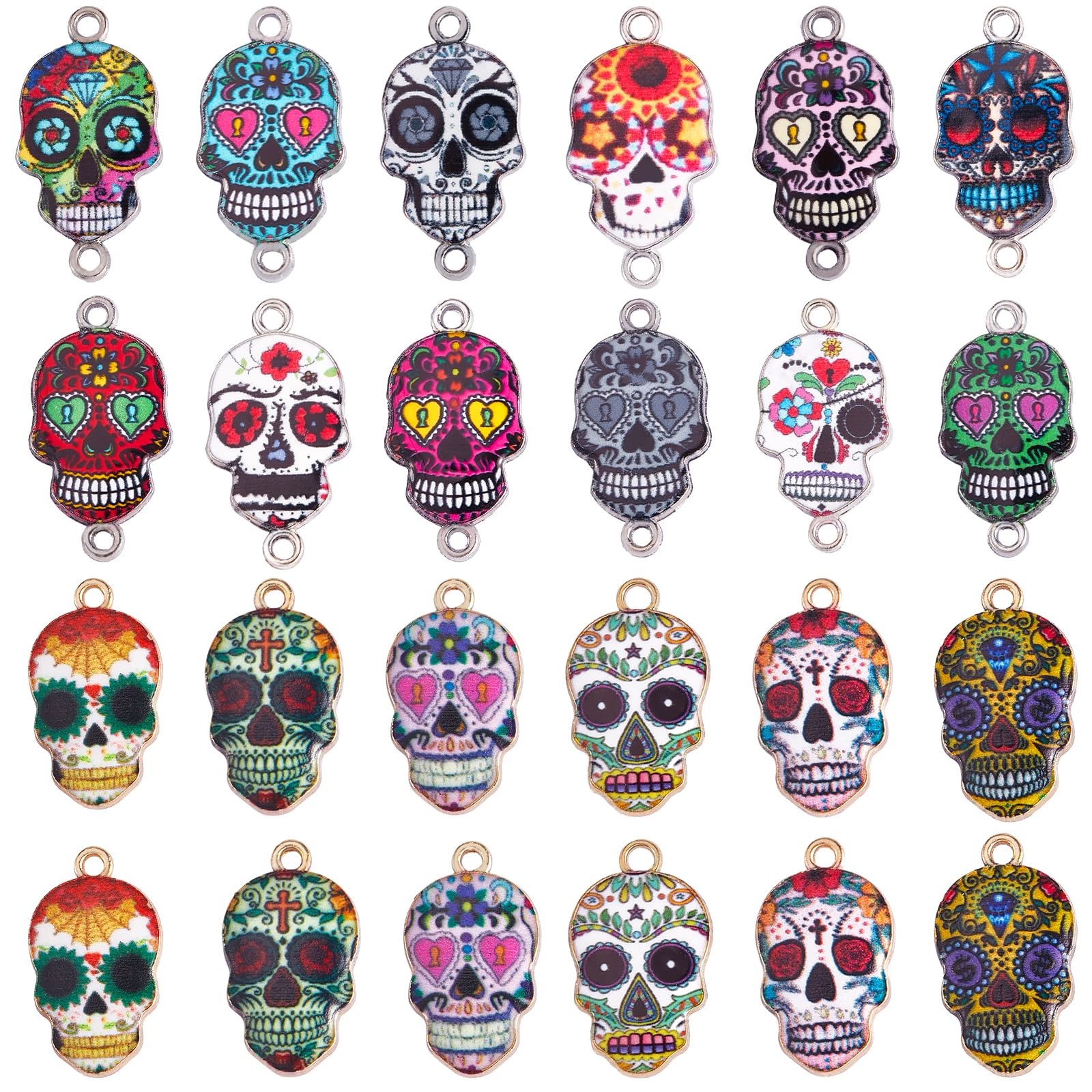 COGCHARGER 24 Pieces Sugar Skull Charms Enamel Skull Pendants Flower Skull Charms Links Connectors for Jewelry Necklace Bracelet Making Crafts
