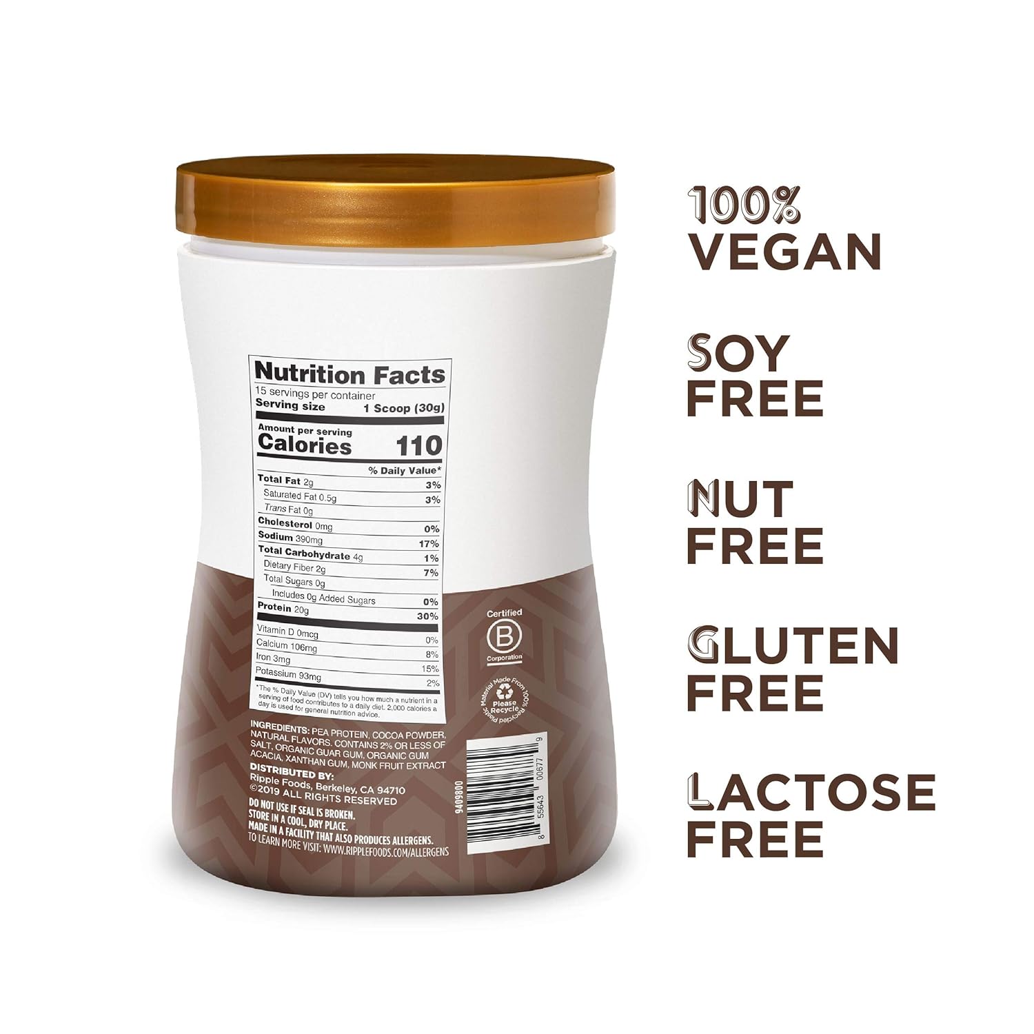 Ripple Vegan Protein Powder, Chocolate 20g Clean Plant Based Pea