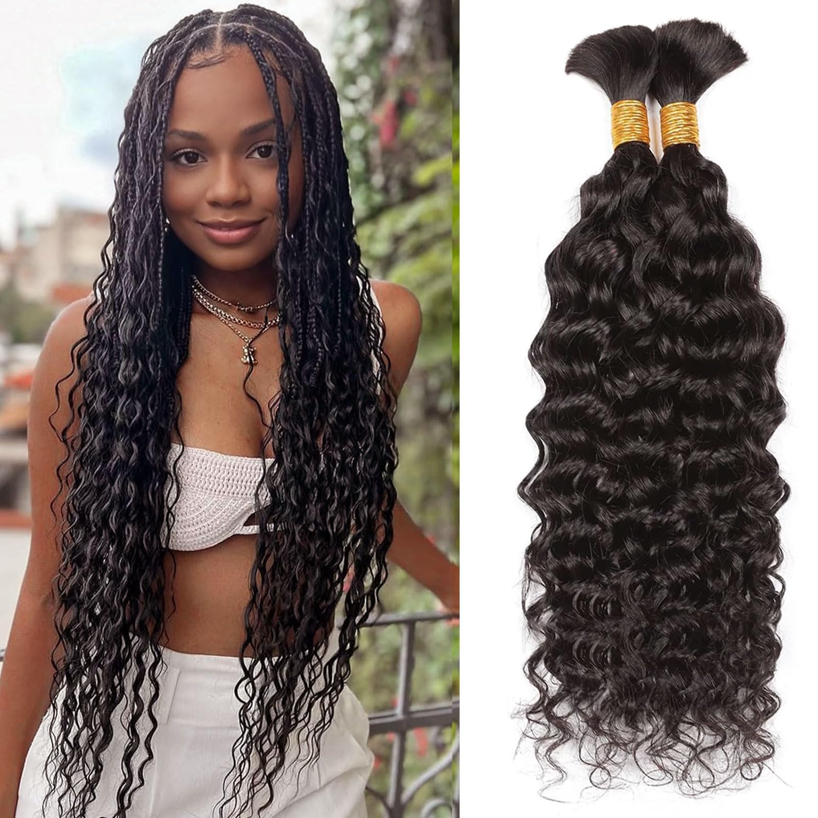 Huarisi Human Braiding Hair 100g 26 Inch Water Wave Bulk Human Hair for Boho Bohemian Knotless Braids Wet n Wavy Virgin Hair Extensions (2x50G/Bundle,Natural Color)
