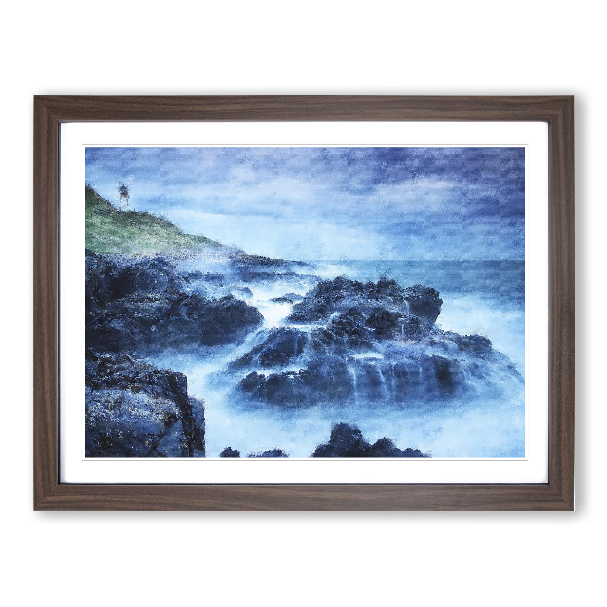 Lighthouse On A Hill With Seascape Painting Modern Art Framed Wall Art Print, Ready to Hang Picture for Living Room Bedroom Home Office Décor, Walnut A3 (46 x 34 cm)
