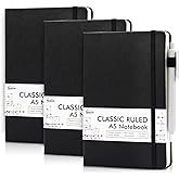 feela 3 Pack Notebooks Journals Bulk with 3 Black Pens, A5 Hardcover Notebook Classic Ruled Lined Journal Set with Pen Holder for Work Business Journaling Note Taking, 120 GSM, 5.1&rdquo;x8.3&rdquo;, Black