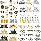 Tangrove New Years Eve Party Supplies 2026 – 63 PCS Celebration Kit with Headbands, Crown Hats, Glasses, Noise Makers, Photo Booth Props & Wristbands – Gold Silver Happy New Year Decorations