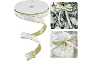 HUIHUANG White Velvet Wired Ribbon 1 inch x Continuous 20 Yards Velvet Ribbon with Gold Glitter Backing, for Christmas Tree Decorations, Gift Wrapping, Wreaths, Garlands, Bows Crafts-