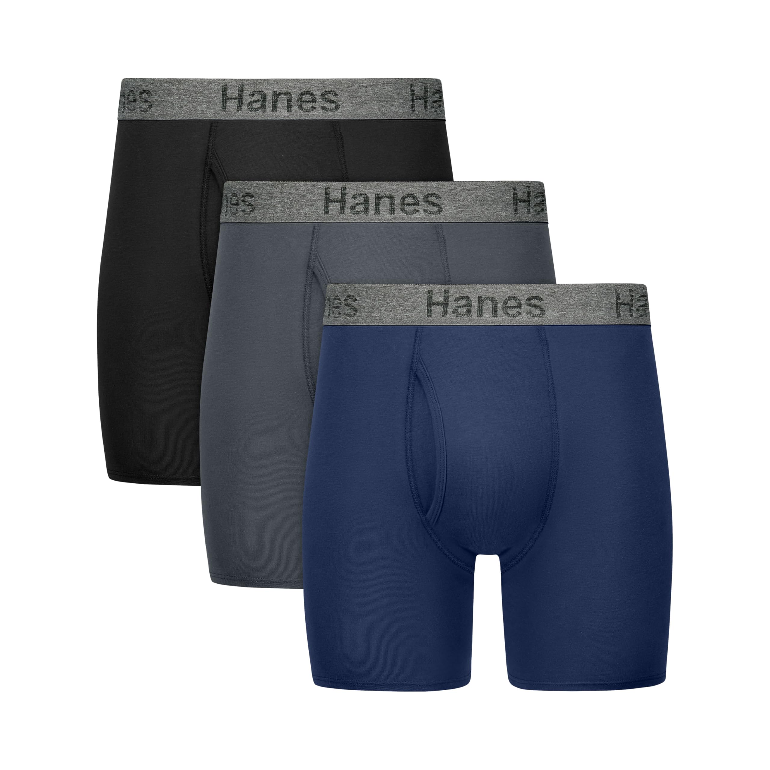 Photo 1 of Hanes Men's Stay Dry Pouch, Cotton Stretch Boxer Brief with Leak Protection, 3-Pack, Black, Grey, Navy Blue