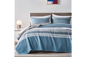 KAKIJUMN Full/Queen Quilt Bedding Set, White Grey and Blue Patchwork Striped Quilt Set, 2 Pieces Soft Lightweight Bedspread Coverlet Set with 1 Pillow Sham(Light Blue,Queen)