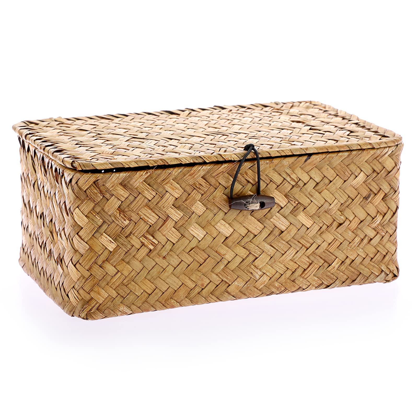 IGNPION Seagrass Storage Basket with Lid Woven Seagrass Desktop Basket Rectangular Bathroom Storage Organiser Box, Shelves & Desks Decorative Multipurpose storage Hamper (Caramels, XS)