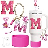 7PCS Stanley Cup Accessories Set for Stanley Cup 30oz 40oz Tumbler with Handle,Including Straw Topper Cover Cap and Boot,Spill Proof Stopper,Handle Charm,Initials Sticker (Rose pink M)