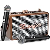 Karaoke Machine, Retro-Design Speaker with 2 Wireless Microphones for Adults & Kids, Portable Karaoke System for Home Party, Bluetooth/AUX/USB/TF/TWS Support, Gifts for Women & Girls - Brown