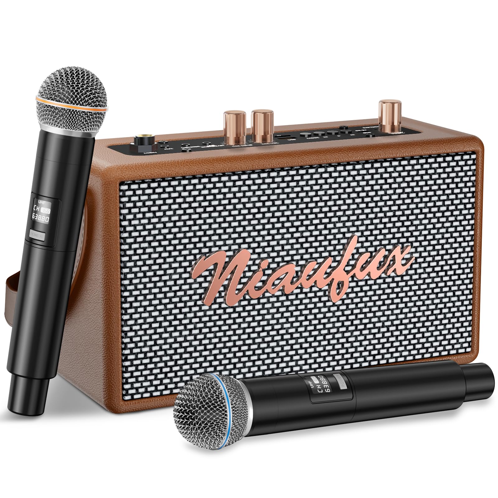 Karaoke Machine, Retro-Design Speaker with 2 Wireless Microphones for Adults & Kids, Portable Karaoke System for Home Party, Bluetooth/AUX/USB/TF/TWS Support, Gifts for Women & Girls - Brown Image