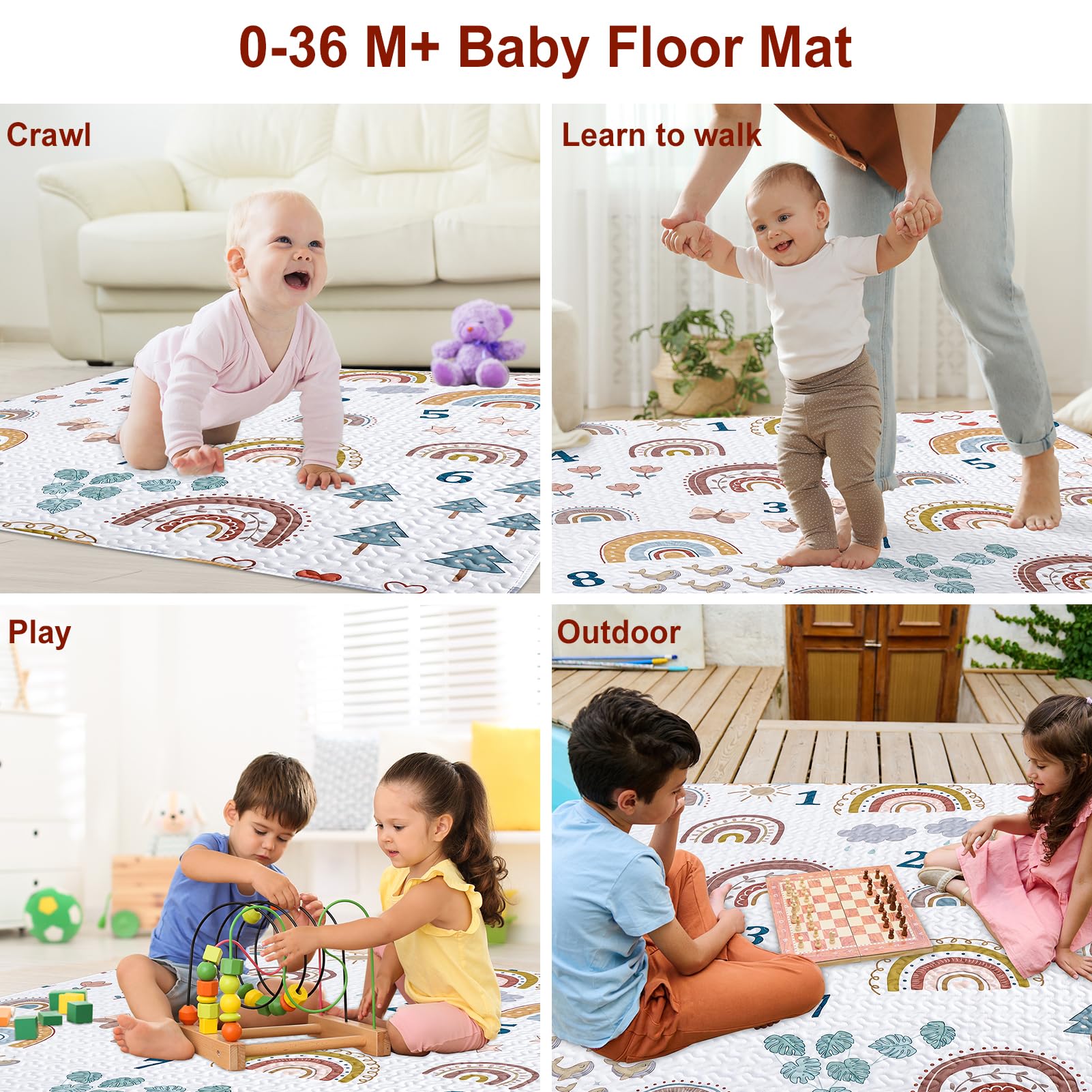 Boho Rainbow 50x50 Play Mat for Playpen, Washable Portable Baby Floor Playmat, Non Slip Foldabe Infant Crawling Mats, Tummy Time Mat Pad for Toddlers Baby Play Pen Mats for Home Or Travel