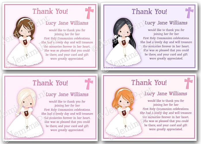 10 Personalised girls First Holy Communion thank you cards with
