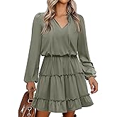 Caracilia Long Sleeve Dress for Women Fall 2025 Casual V Neck High Waist Tiered Ruffle Aline Swing Tunic Short Mini Dresses