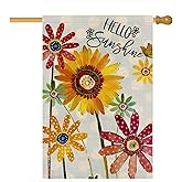 Spring Flowers House Flags for Outdoor, Hello Sunshine Sunflower Daisy Yard Flags for Outside,Summer Seasonal Decorative Flag for Farmhouse Holiday Decoration 28x40 Inch Double Sided