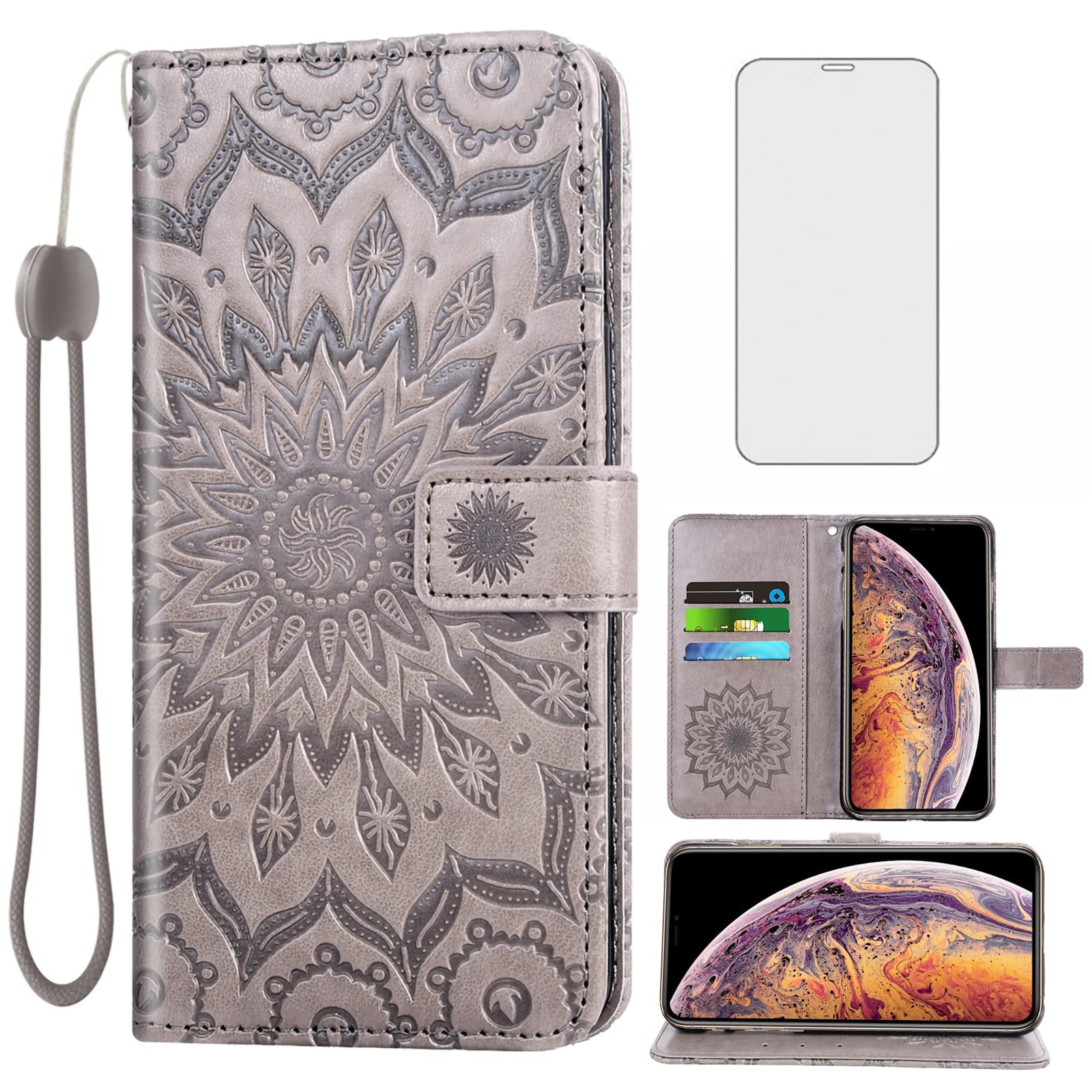 Asuwish Phone Case for iPhone Xs X 10 10s Wallet Cases with Tempered Glass Screen Protector Leather Flip Cover Card Holder Stand Cell iPhoneX iPhoneXs iPhone10 i PhoneX SX 10x 10xs X’s Women Men Gray