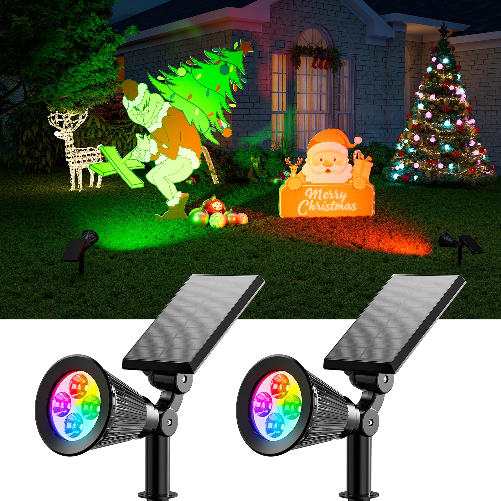 Photo 1 of 2 Pack Christmas Color Change Solar Spotlights Outdoor Waterproof Led Landscape Spot Lights Uplighting for Gingerbread Man, Snowman, Reindeer, Decorations, Holiday Ambient Lighting Lawn, Yard, Garden