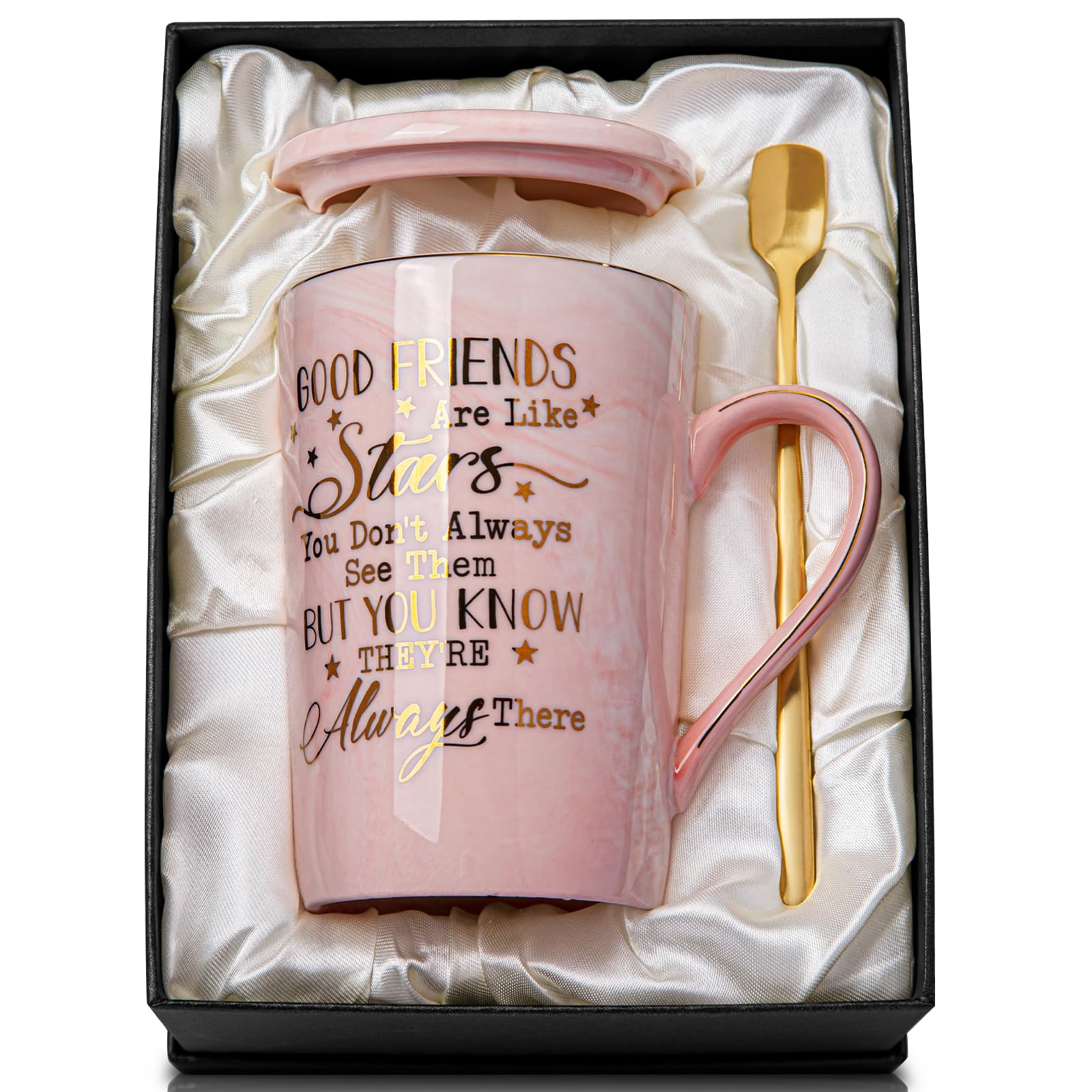 Biching Best Friend, Friendship Gifts for Women, Friend Birthday Gift Ideas for Her, Friends Female, Besties, Sister, BFF Ceramic Marble Coffee Mug Gifts Box Printed Gold 14oz Pink