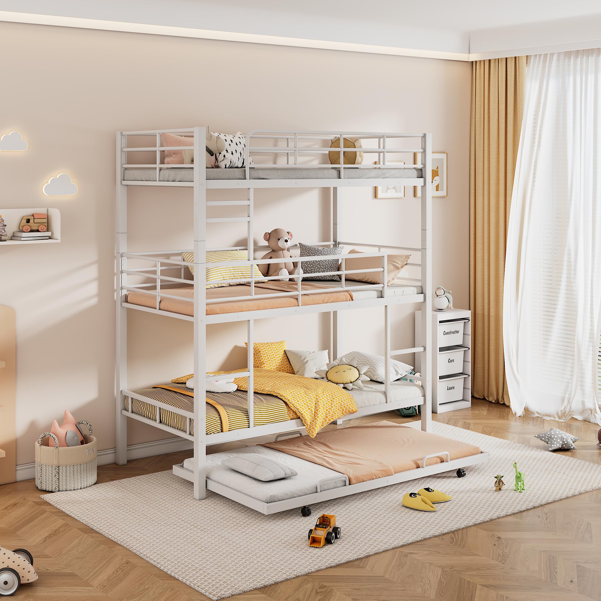 Photo 1 of *PARTIAL SET*
Triple Bunk Bed with Trundle Guardrail & Ladder Twin Size Metal, No Box Spring Needed, Easy Assemble