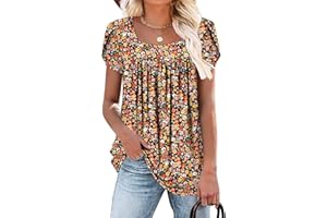 BETTE BOUTIK Womens Summer Tops Short Sleeve Pleated Square Neck Tunics Shirts Blouses S-3XL