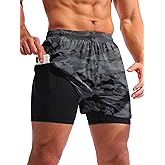 Pudolla Men’s 2 in 1 Running Shorts 5" Quick Dry Gym Athletic Workout Shorts for Men with Phone Pockets