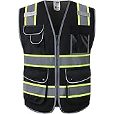JKSafety 9 Pockets High Visibility Zipper Front MESH Black Safety Vest | Black with Dual Tone High Reflective Strips | ANSI/ISEA Standards (100-Black, XL)