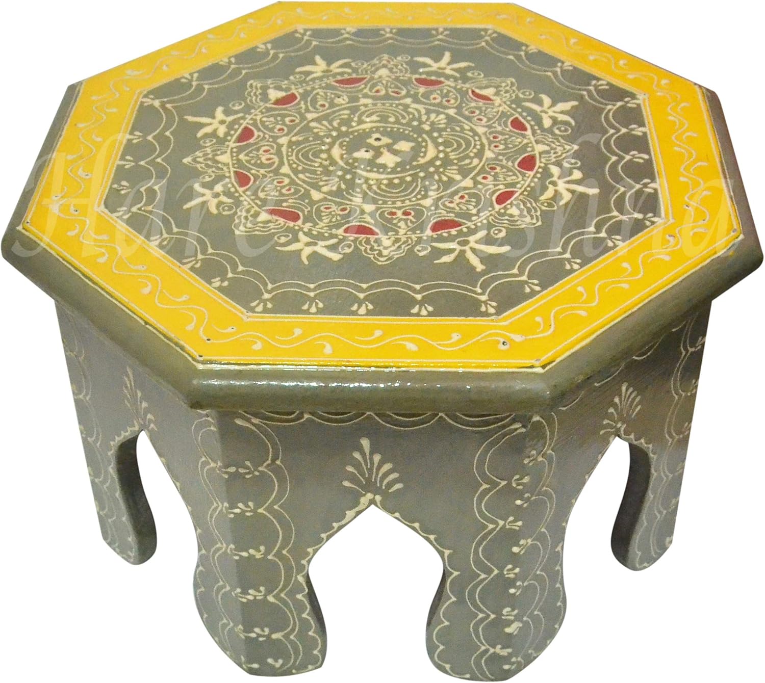 Hare Krishna Indian Round Hand Painted Furniture Pooja Chowki Gifts Bajot (Grey) 10 x 10 x 6 Inches