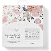 TotAha Premium Stretchy Bassinet Sheets for Baby Girl, Silky Comfort Cradle Sheets Fitted 18 x 36 for Oval, Rectangular, Hourglass Mattress, Hypoallergenic, Buttery Soft 2-Pack (Floral &amp; Pale Pink)