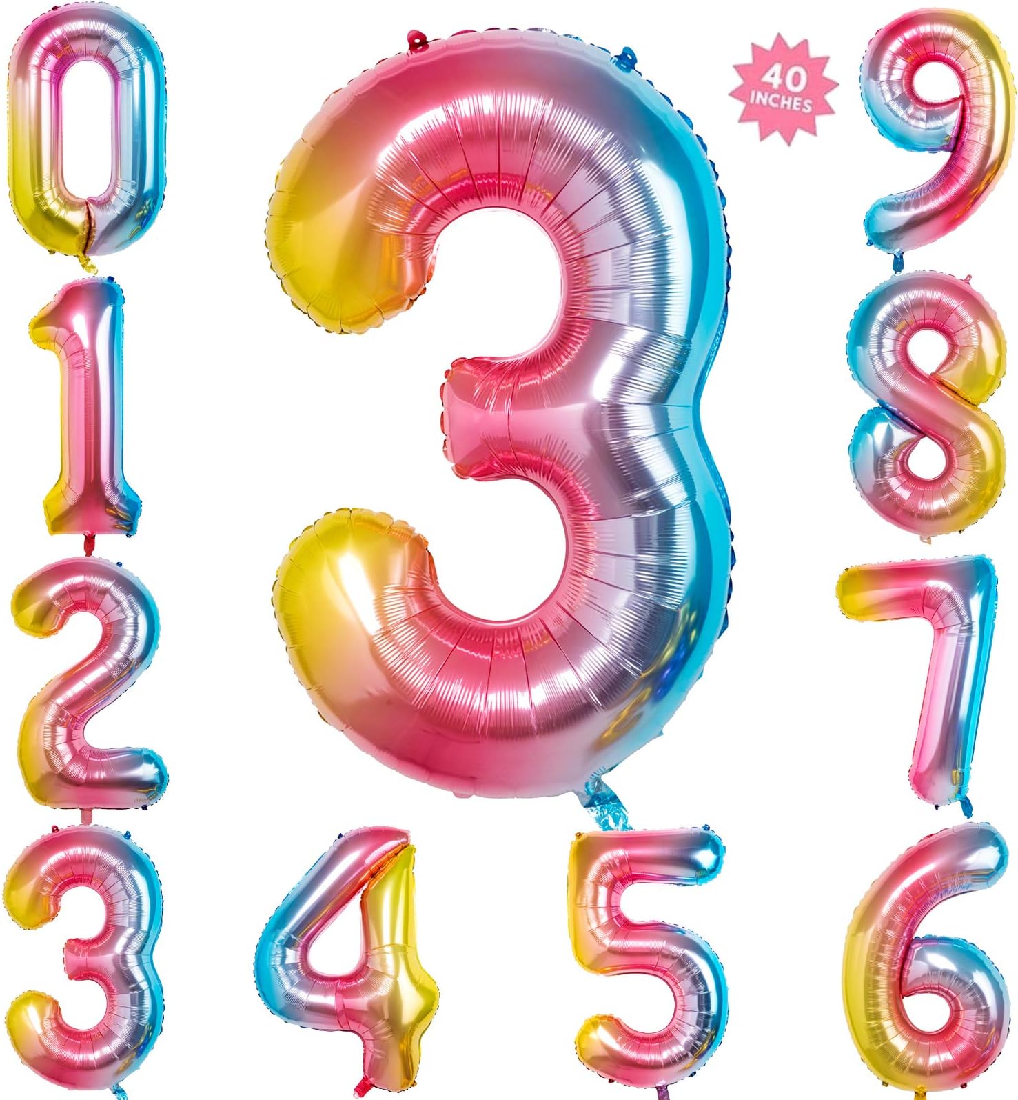 40 Inch Rainbow Jumbo Digital Number Balloons 3 Huge Giant Balloons Foil Mylar Number Balloons for Birthday Party,Wedding, Bridal Shower Engagement Photo Shoot, Anniversary