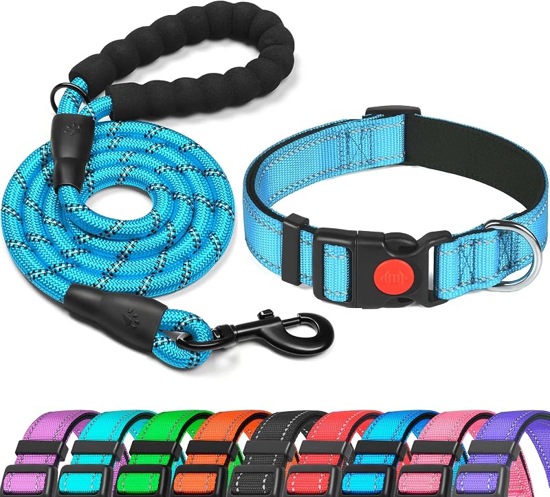 haapaw Reflective Padded Dog Collar with Neoprene Breathable Nylon Lead Included