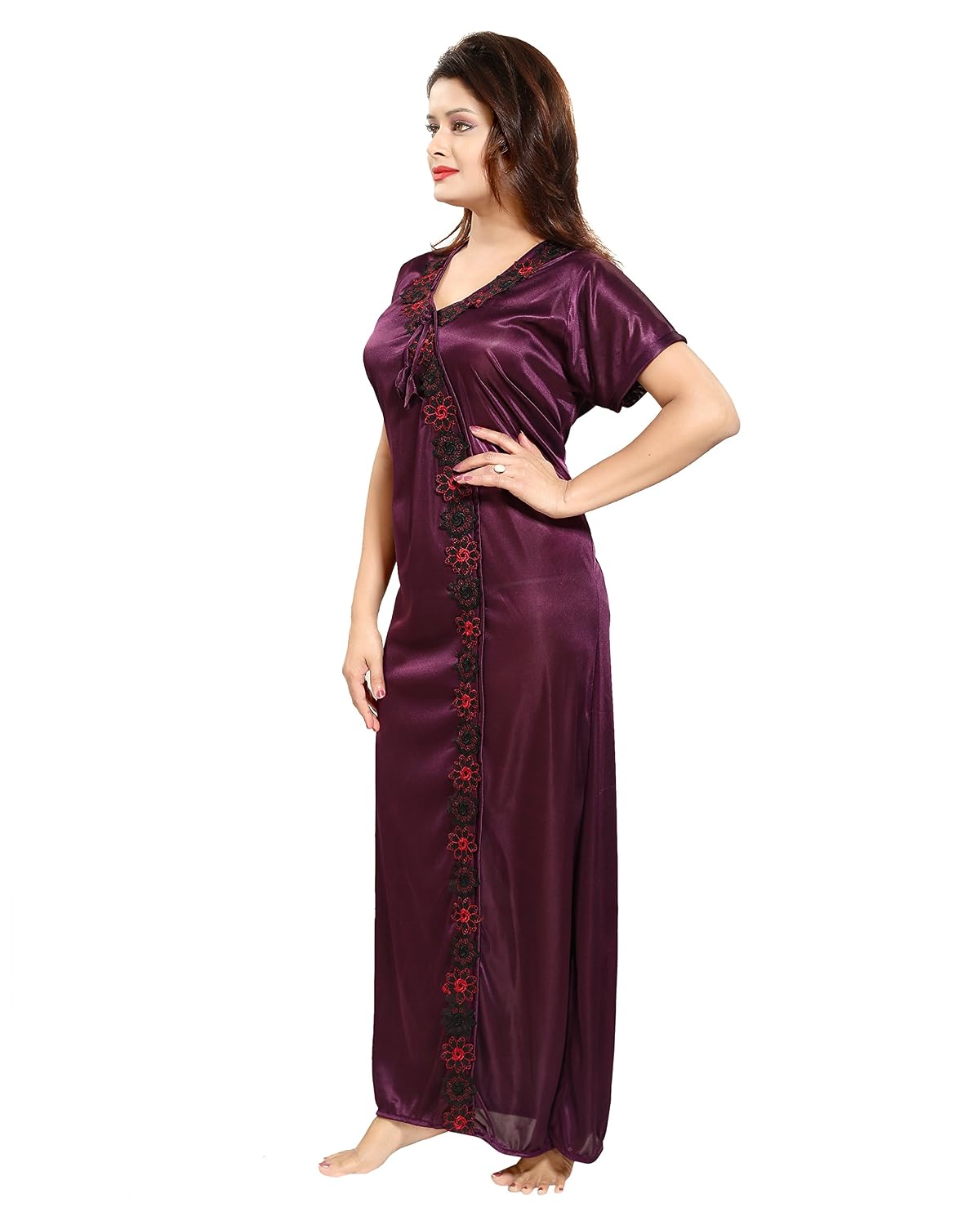 tucute women satin night gown (wine) (free size) d.no.1242