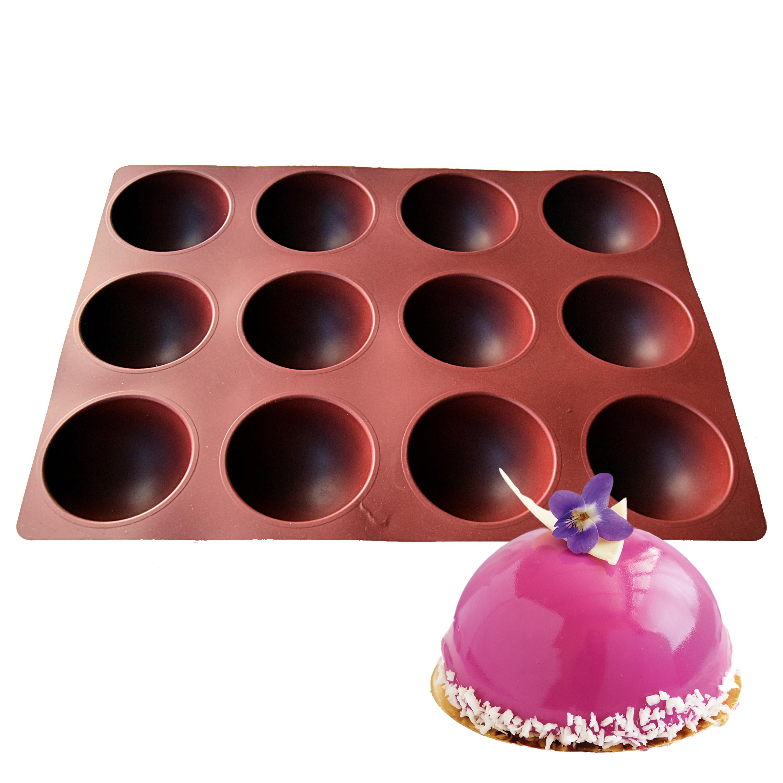 Maé Innovation Silicone Mould 40 x 30 cm - 12 Domes Diameter 7.8 x 3.8 cm - Non-Stick - Made in France - for Chocolate Cakes, Mousse, Jelly