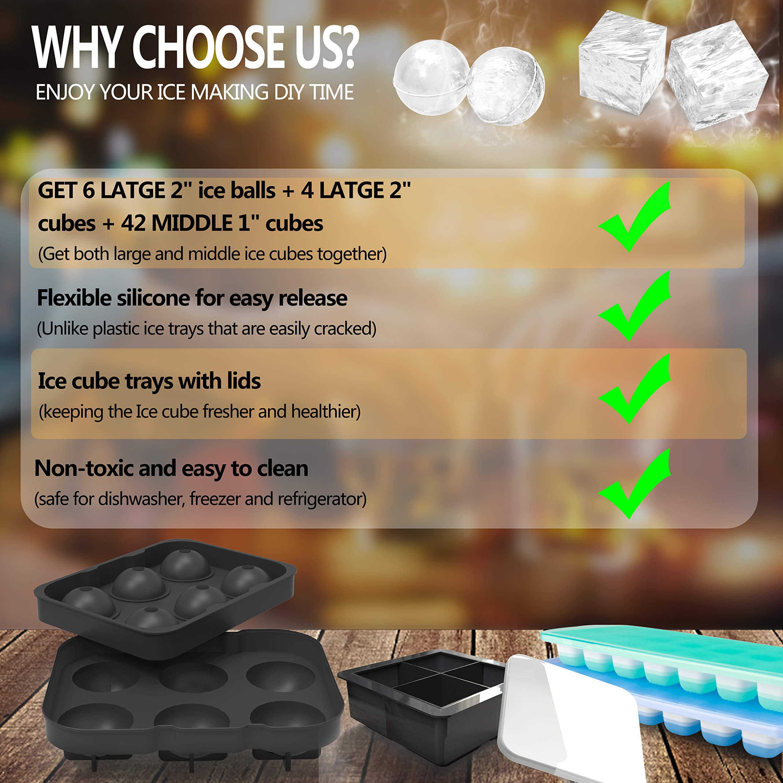 Ice Cube Trays - Silicone Ice Cube Tray Large for Cocktail Whiskey Big Ice Ball Maker Ice Mold, 4 Pack