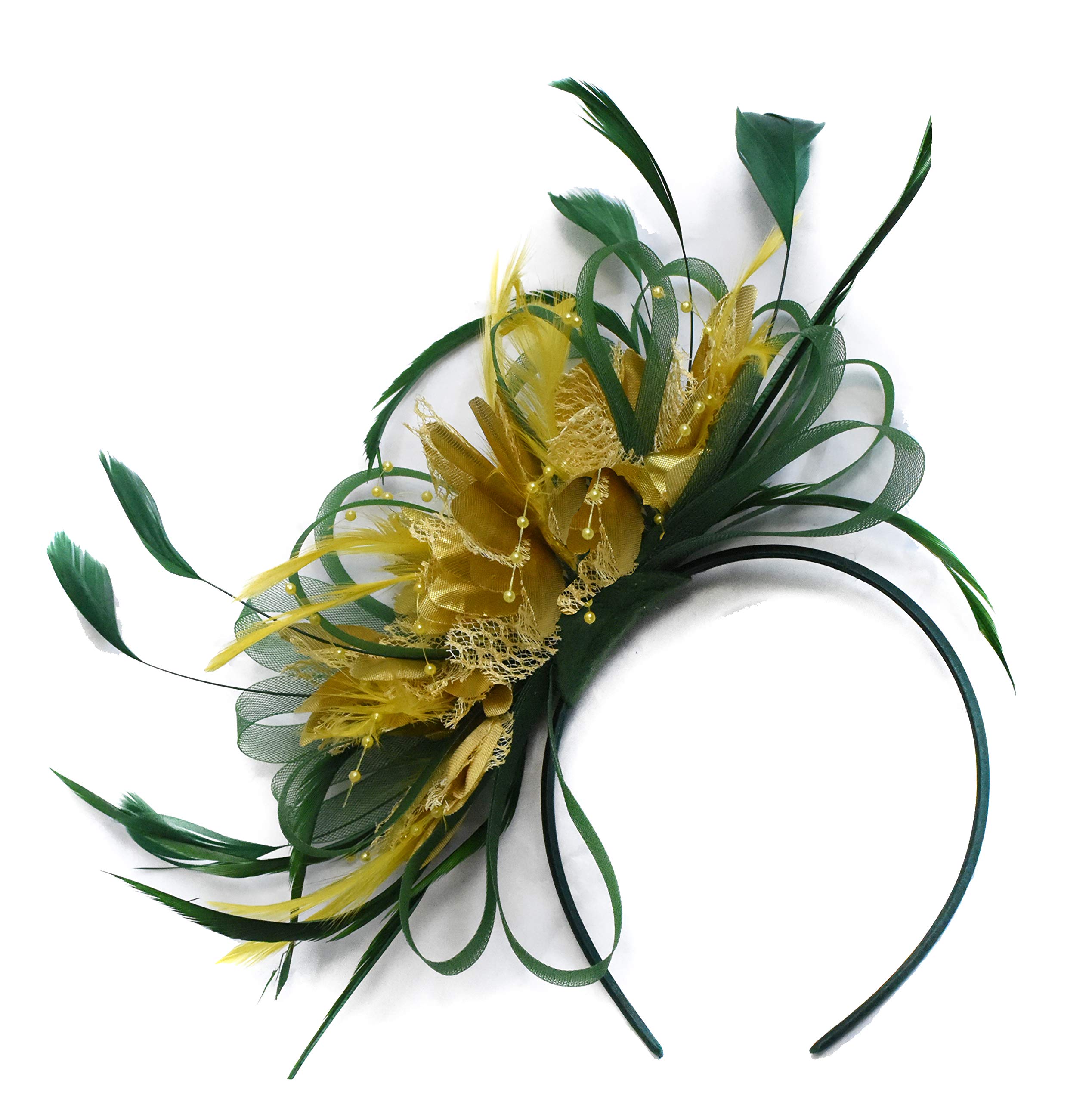 Caprilite Fashion Green and Gold Net Hoop Feather Hair Fascinator Headband Wedding Royal Ascot Races — image 1