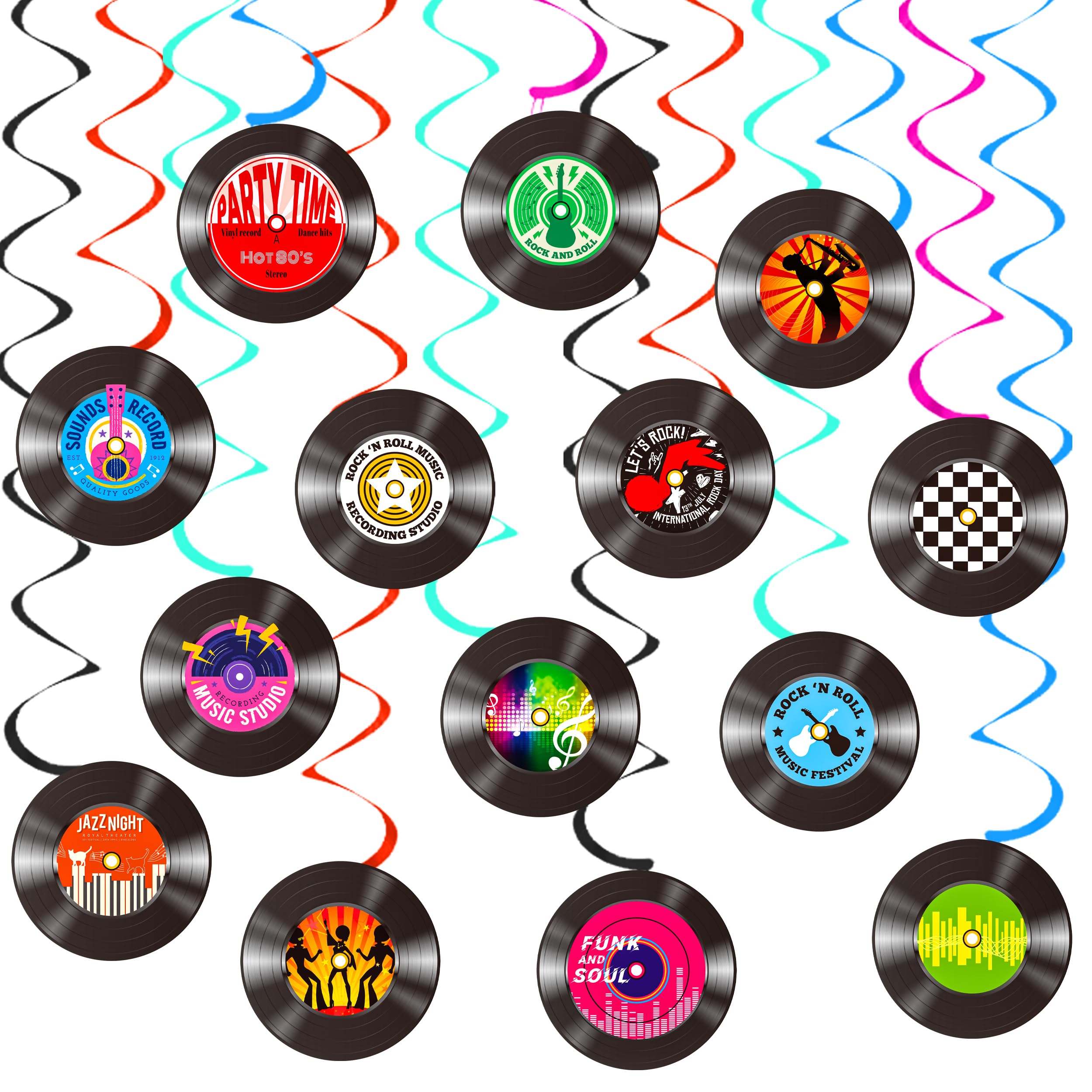 Photo 1 of 20pcs Rock and Roll Records Theme Party Hanging Swirls Decorations Retro Vinyl Record Cutout Ceiling Swirl Streamers for 50s 70s 90s Theme Birthday Decorations Rock Music Dj Party Supplies