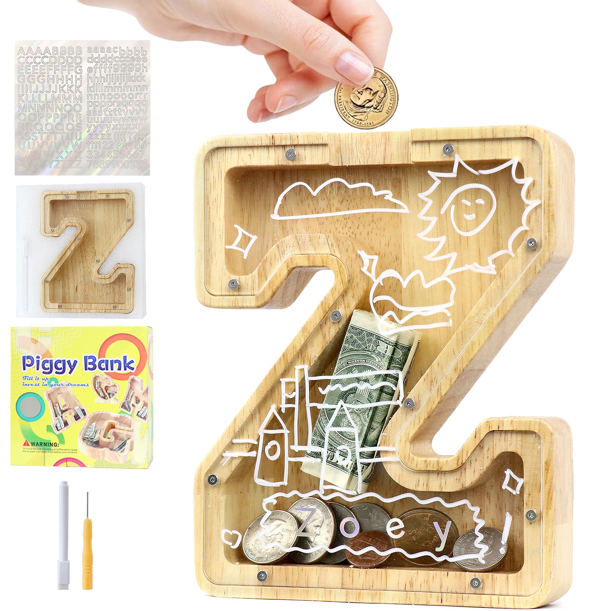 Mikytoper Money Box for Kids, Wooden Letter Piggy Banks for Kids, Personalized Money Box Clear Money Bank, Boys Girls Toddler Birthday Festival Gift (Z)