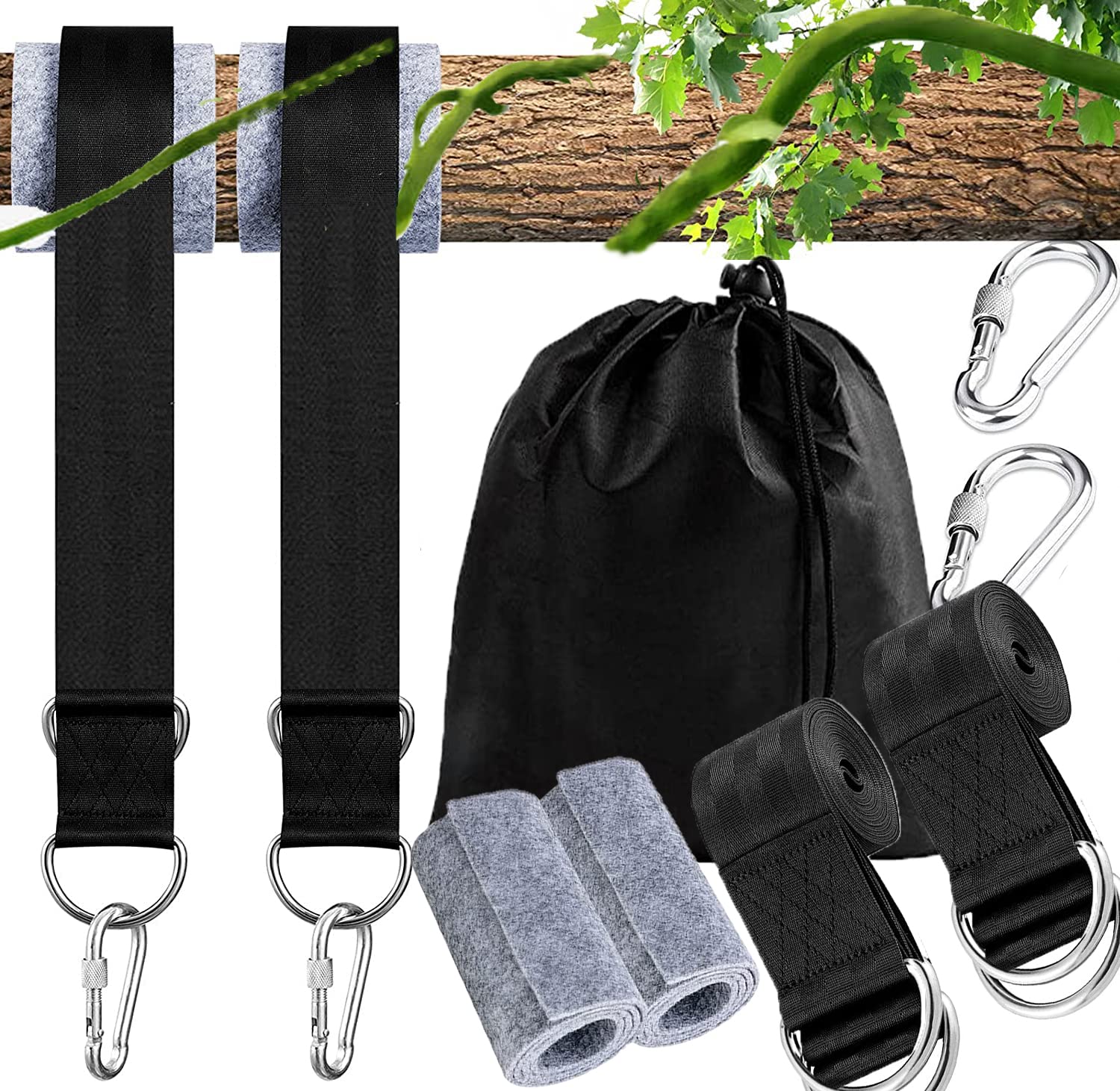 Hammock Straps for Outdoor 2 x 150 cm, Hammock Straps Ropes with Safety Carabiner, 2 Heavy Duty Carabiners and D-Rings, for Camping, Backpacks, Hammocks and Swings (550 kg)