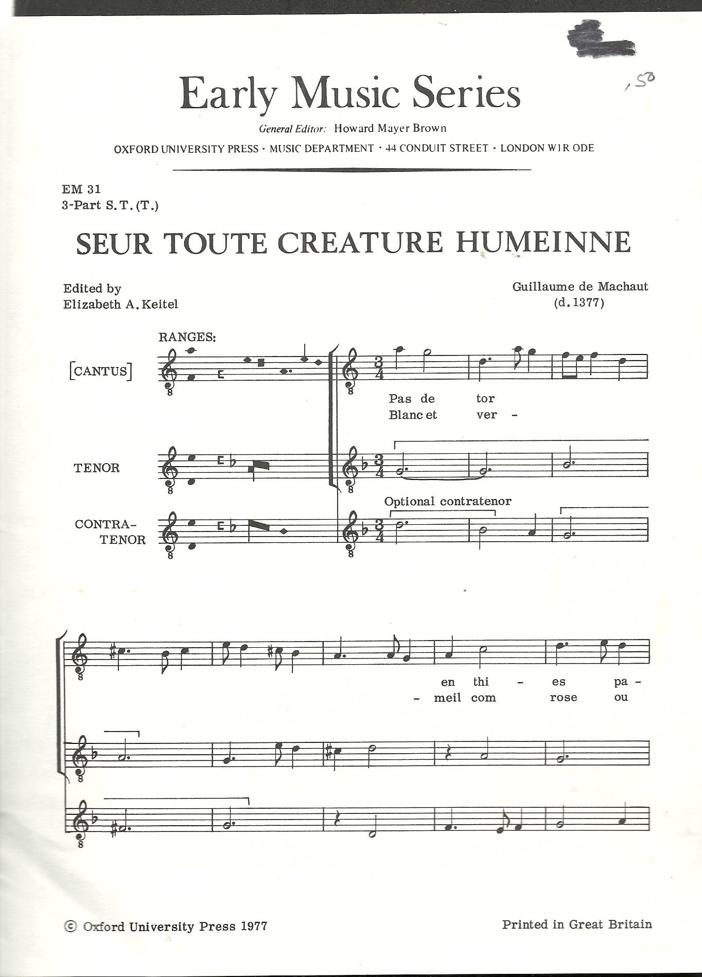 Seur Toute Creature Humeinne Stt Vocal Score Guillaume De Machaut Amazon Com Books