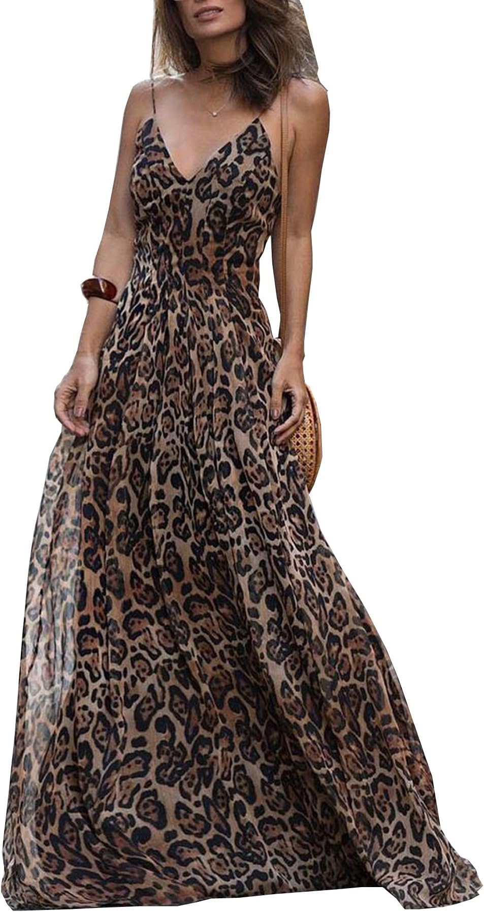 Ru Sweet Women's Spaghetti Strap Leopard Print Deep V Neck Boho Maxi Long Flowy Dress