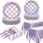 98 Pcs Iridescent Birthday Party Supplies Purple Checkered Tableware Table cover Set Holographic Party Decor Laser Purple Paper Plate Napkin Fork and Tablecloth for Baby Shower Bridal Disco Serve 24