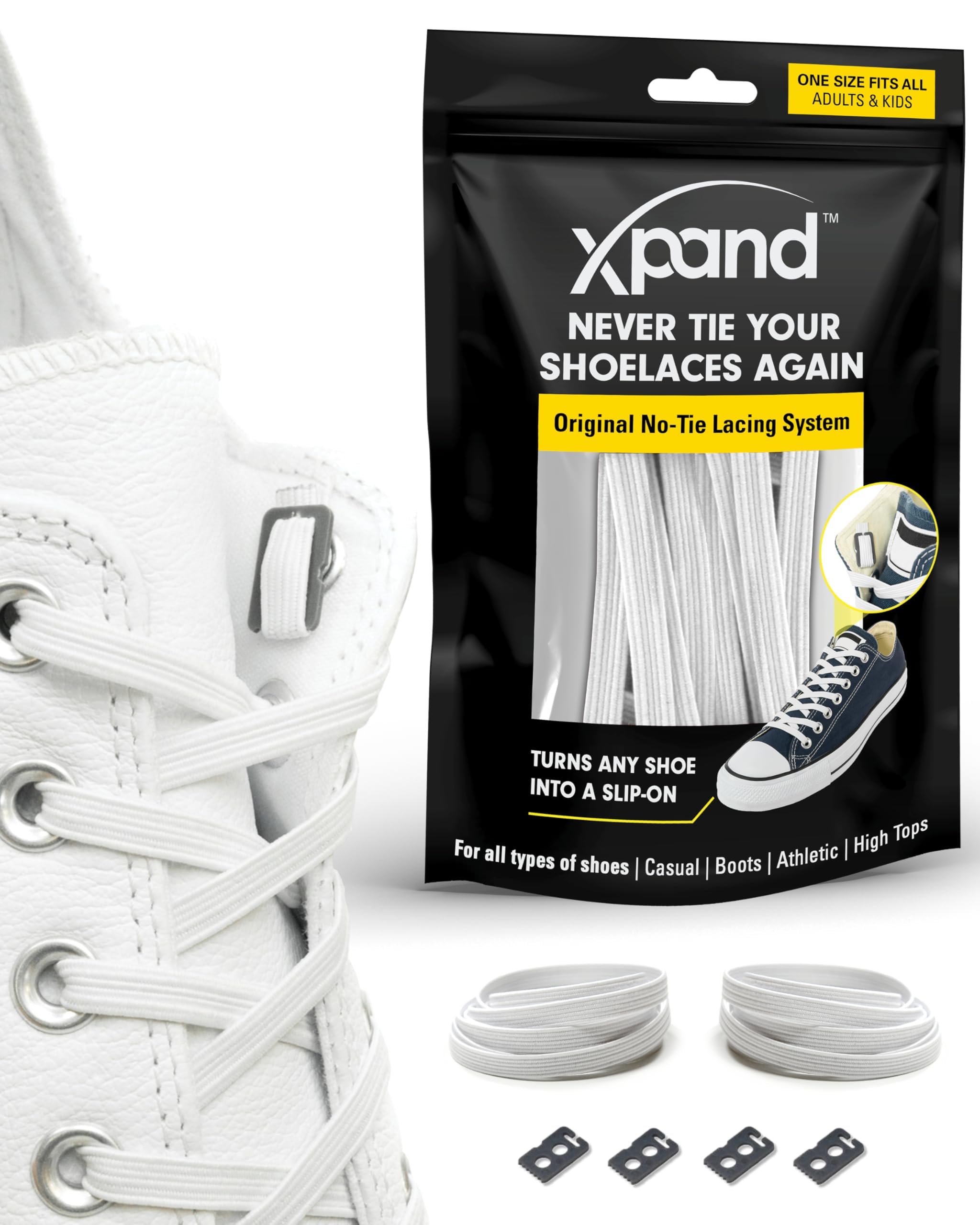 Xpand® No Tie Shoelaces - Flat Elastic Laces with Adjustable Tension - Slip-on Any Shoes (White.)