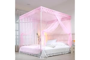 naturetalk Bed Canopy, Princess Bed Curtain Net for Girls & Adults，Three-Doors Rectangle Lace Dome Netting (Baby Pink, King)