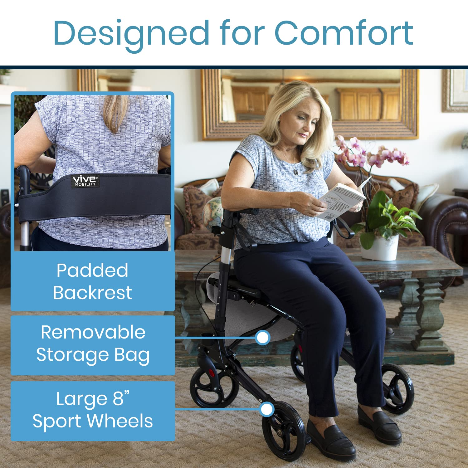 Vive Mobility Rollator Walker with Seat (Euro Style) - Heavy Duty, Medical, Large Wheels, Brakes - for Seniors, Adults - 4 Wheeled Rolling Lightweight Premium Folding Scooter Aid for Women (Black)