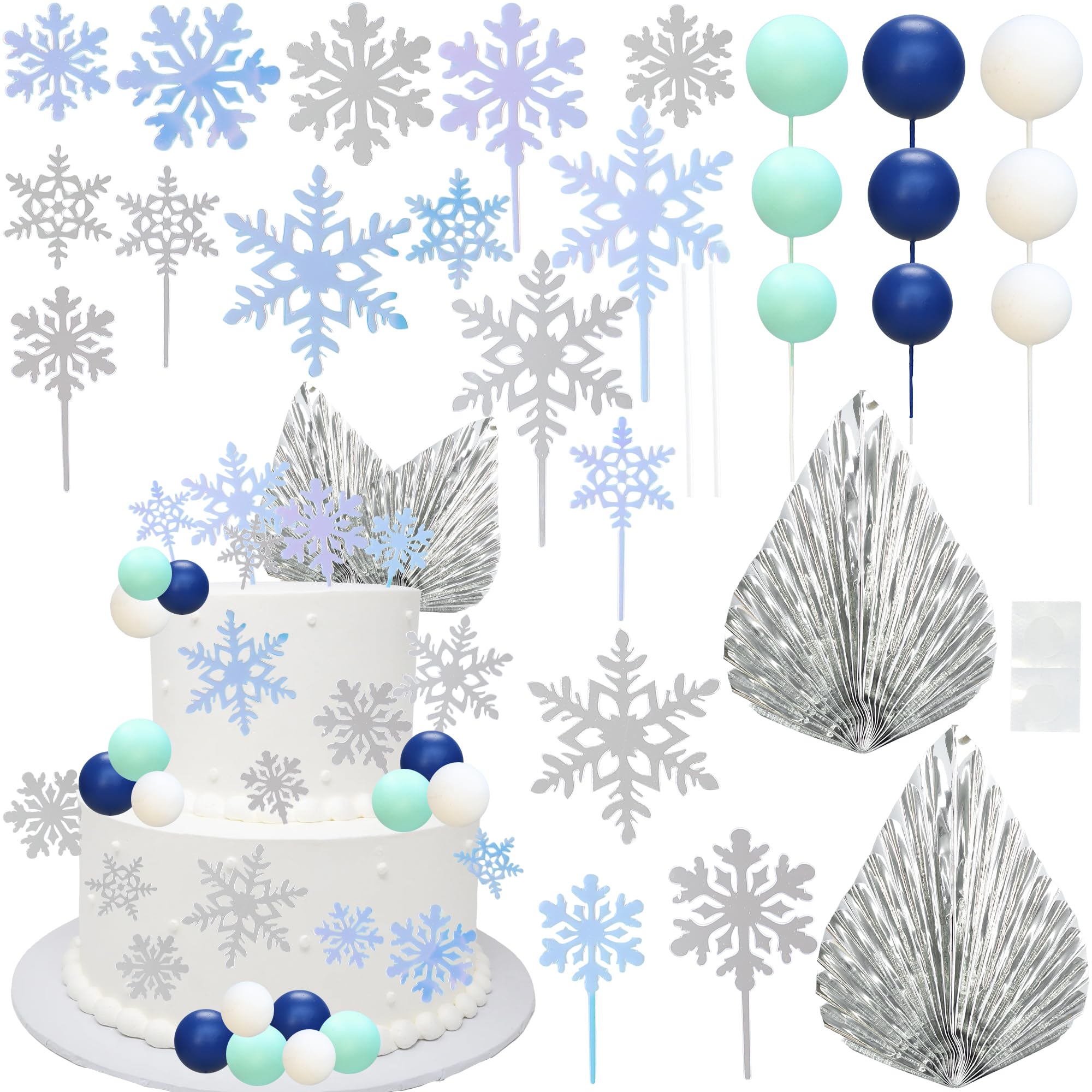 Ephlyn Winter Frozen Cake Topper Decorations Foam Ball Snowflake Cake Picks for Winter Wedding Birthday Christmas Party DIY Cake Decorations Supplies