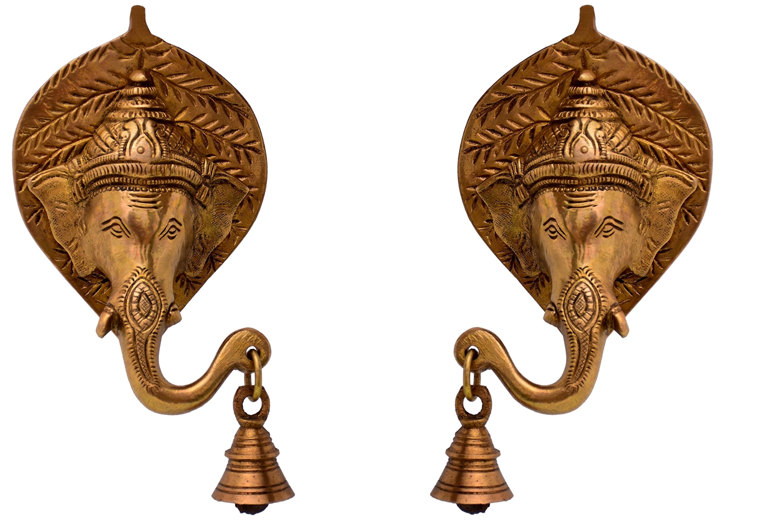 Purpledip Brass Wall Hanging Antique Finish Ganesha Bell (Set Of 2): Symmetrical Heads For Peace, Harmony & Balance At Home (11037)